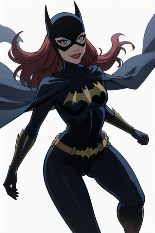 BarbaraG, 1girl, solo, long blue cape, blue mask, belt, gloves, blue eyes, superhero, long hair, bodysuit, lipstick, batgirl, park, smile,