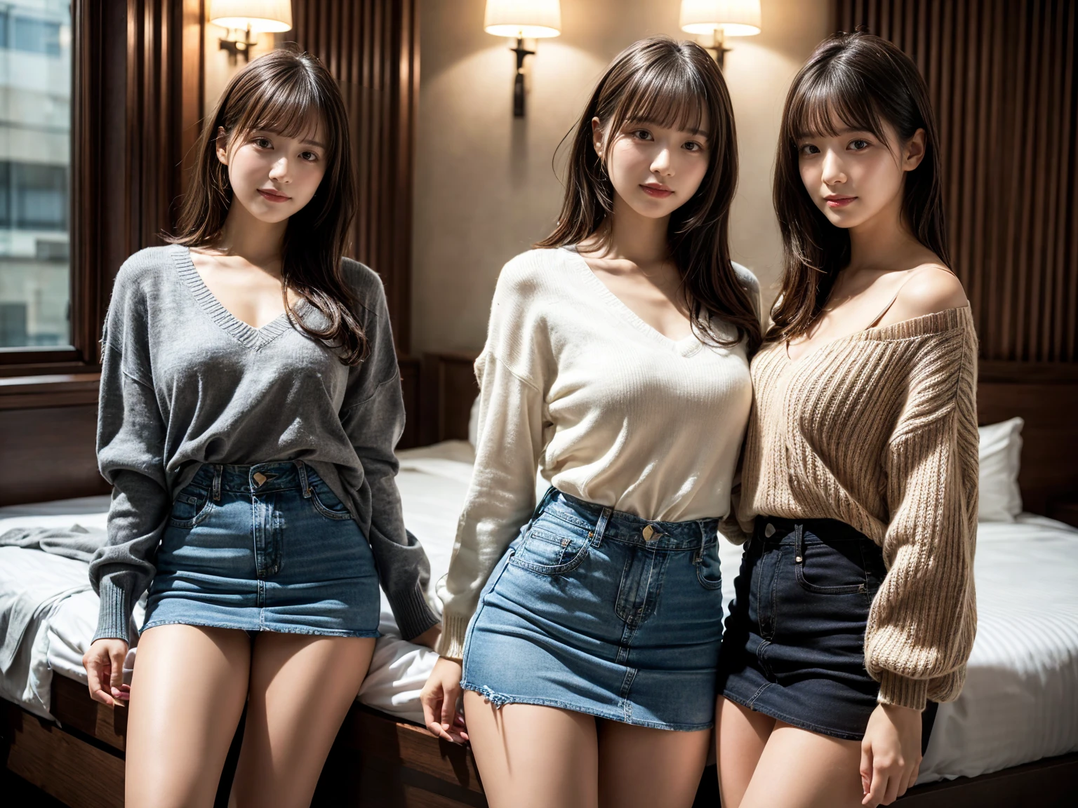 (RAW photo, 4k, masterpiece, high resolution, extremely complex) (realistic: 1.4), 
 ((2 girls)),,blushing,((innocent)),bright eyes,round eyes,blunt bangs,black hair,large breasts,wide hips,, 15 year old girl、cute type、lolita, (Best Quality), (Highres), (an Extremely Delicate and Beautiful),(Beautiful 8k face),(Brown eyes),short bob hair,( spectators),(Play with each other,Touching each other's bodies,Touching the body),(denim mini skirt、V neck knit sweater),(reality),bright lighting,(The background is a luxury hotel room)