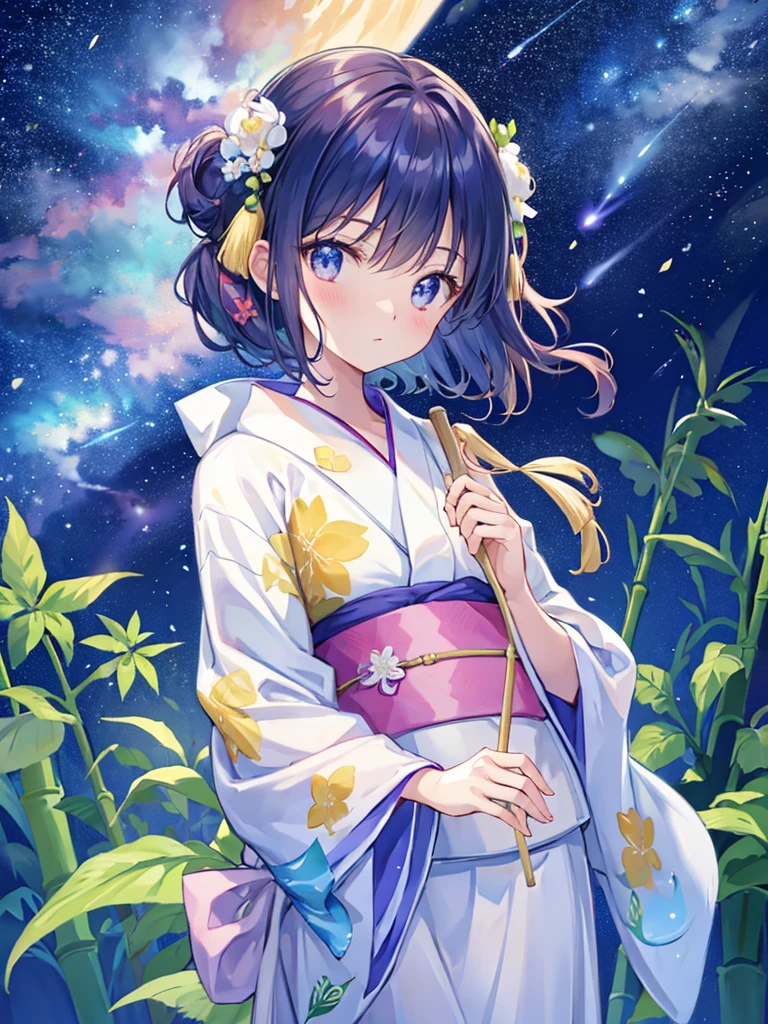 Milky Way Background、Paper hanging from bamboo、Woman in yukata