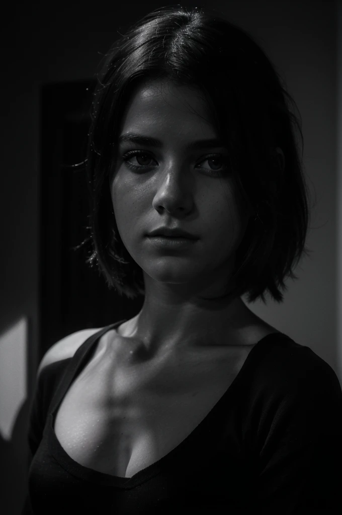 a young white female, face hidden in shadows, black and white, dramatic lighting, minimalist background, moody, emotional, high contrast, sharp focus, photorealistic, (best quality,4k,8k,highres,masterpiece:1.2),ultra-detailed,(realistic,photorealistic,photo-realistic:1.37)