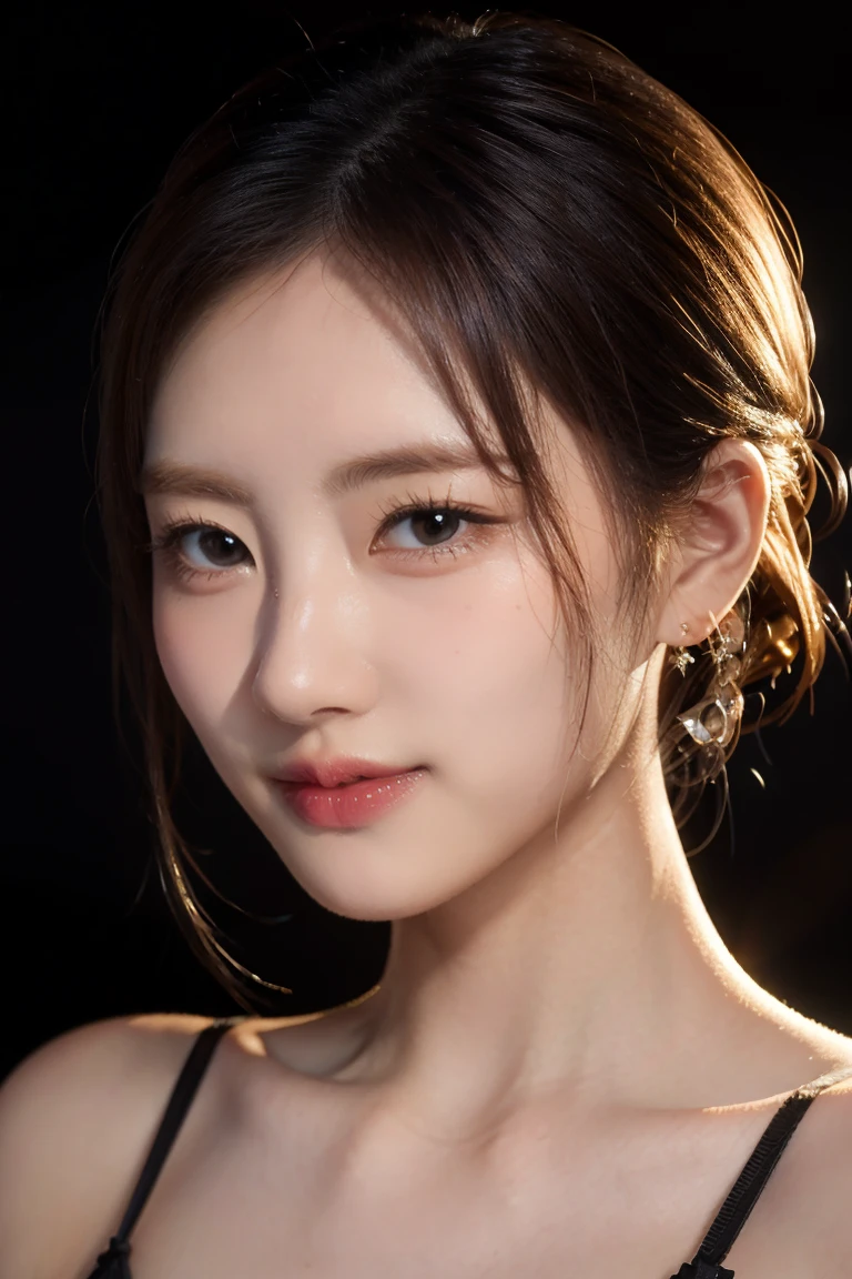 (8K high quality), (highest quality), (RAW image quality), (reality), Big eyes, long eyelashes, milky white skin, high detail skin, realistic skin details, visible pores,（Super detailed, (short hair), best portrait,((Photo taken from a distance, from the front)), only one girl, cute type, fine and beautiful eyes, beautifully detailed nose, highly detailed skin), (Beautiful face with double eyelids), (realism: 1.4), (beautiful face 1.4), ((18-year-old girl)), ((wearing only a small bra)), ((dark black background)), ((happily smiling))