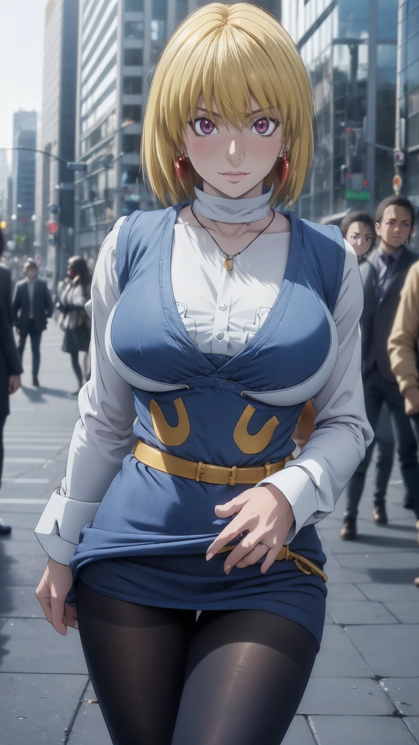 Turn your face and look straight ahead, Beautiful busty woman standing facing the front, (standing proud:1.4), (cowboy shot:1.2), (High Resolution), (Very Detailed), (Best Photo), (Best Quality), (Ultra Detailed), (​masterpiece:1.5), very precise details,(Ultra High Resolution:1.4), the Extremely Detailed CG Unity 8K Wallpapers, highest quality, hight resolution, (Realistic, Photorealsitic, hyper realisitic:1.5), (Curve, Model, Farbe care:1.5), Farbe_aberration, the light shines on your face, profetional lighting, anime styled, beautiful hair, detailed hair,(Detailed Face), (Beautiful Detailed Eyes), Beautiful breasts, beautiful detailed shadow, Beautiful body, Beautiful skin, beautifull hands, precise details hands, beautiful fingers, very precise detailed fingers, (Ultra-detailed face, Detailed eyes:1.4), beautiful eyebrows, cool eyebrows, (Aesthetic Anime Eyes:1.4), (Light from the front :1.4), (1girl in:1.4),(Solo:1.4), (Mature face and body), (city center:1.3), (york:1.2), highrise buildings, daylight, on the street, cars, (Beautiful cute face), (beautiful female lips), Charming, ((aroused expression)), looks at the camera with a gentle smile, earrings glossy lips, (juicy female lips), perfect female body, Beautiful waist, beautiful long eyelashes , put hands on the hip, raise the corners of the mouth, tilt her head, 30year old, mature female, Kurapika, 1girl, ((scarlet eyes)), blonde hair, ((bob hair)), flowing hair, fluttering hair, long legs, very large breasts, long breasts, saggy breasts, hips wider than shoulders, wide hips, pelvic curtain, beautiful thighs, thick thighs, garnet earrings, simple clothess, ((full bodyblue tabard:1.4)), ((gold trim)), white shirt, long sleeves, puffy sleeves, white pants, ((simple yellow wide waist belt)), (blue very long skirt), (pantyhose:1.3), brown pantyhose, black high heels, pumps, hide breasts, full body