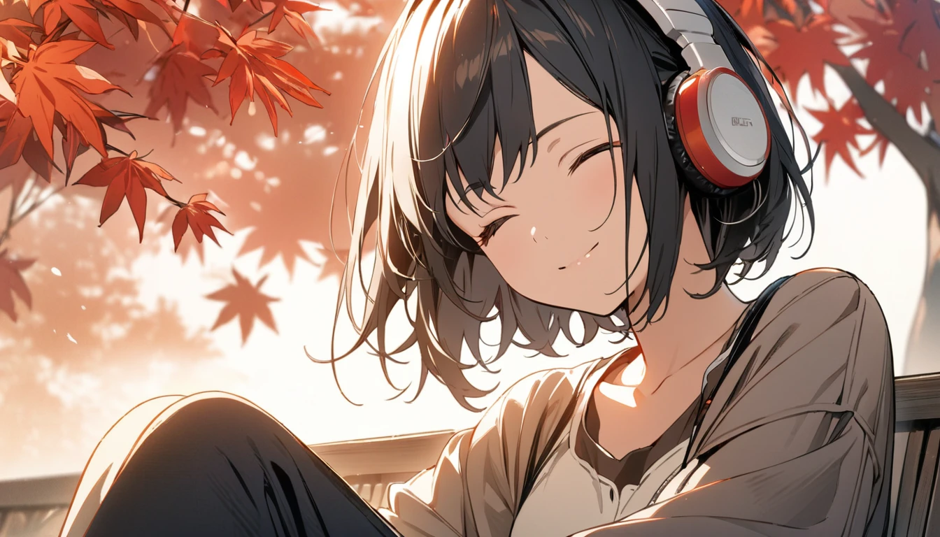 1girl, solo, gentle smile on her face flat chest, short hair, black hair, upper body, ((masterpiece, illustration, best quality)) ((best quality)), ((masterpiece)), (detailed), perfect face, sitting under the japanese maple, listening to music, One woman, wearing headphones, eyes closed