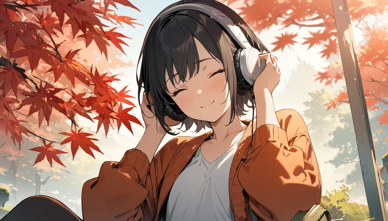 1girl, solo, gentle smile on her face flat chest, short hair, black hair, upper body, ((masterpiece, illustration, best quality)) ((best quality)), ((masterpiece)), (detailed), perfect face, sitting under the japanese maple, listening to music, One woman, wearing headphones, eyes closed