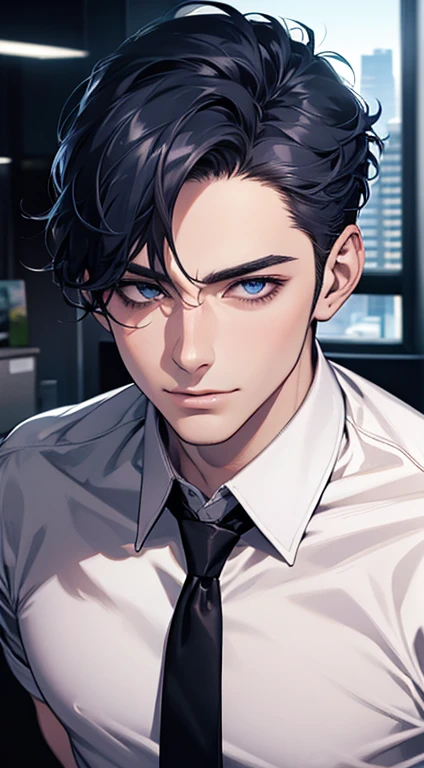 (best quality,4k,8k,highres,masterpiece:1.2),ultra-detailed,(realistic,photorealistic,photo-realistic:1.37),1 man,31 years old,mature man,very handsome,without expression,smile,short blue hair,blue eyes,penetrating gaze,perfect face without errors,imposing posture,businessman,office background,cinematic lighting,hdr image