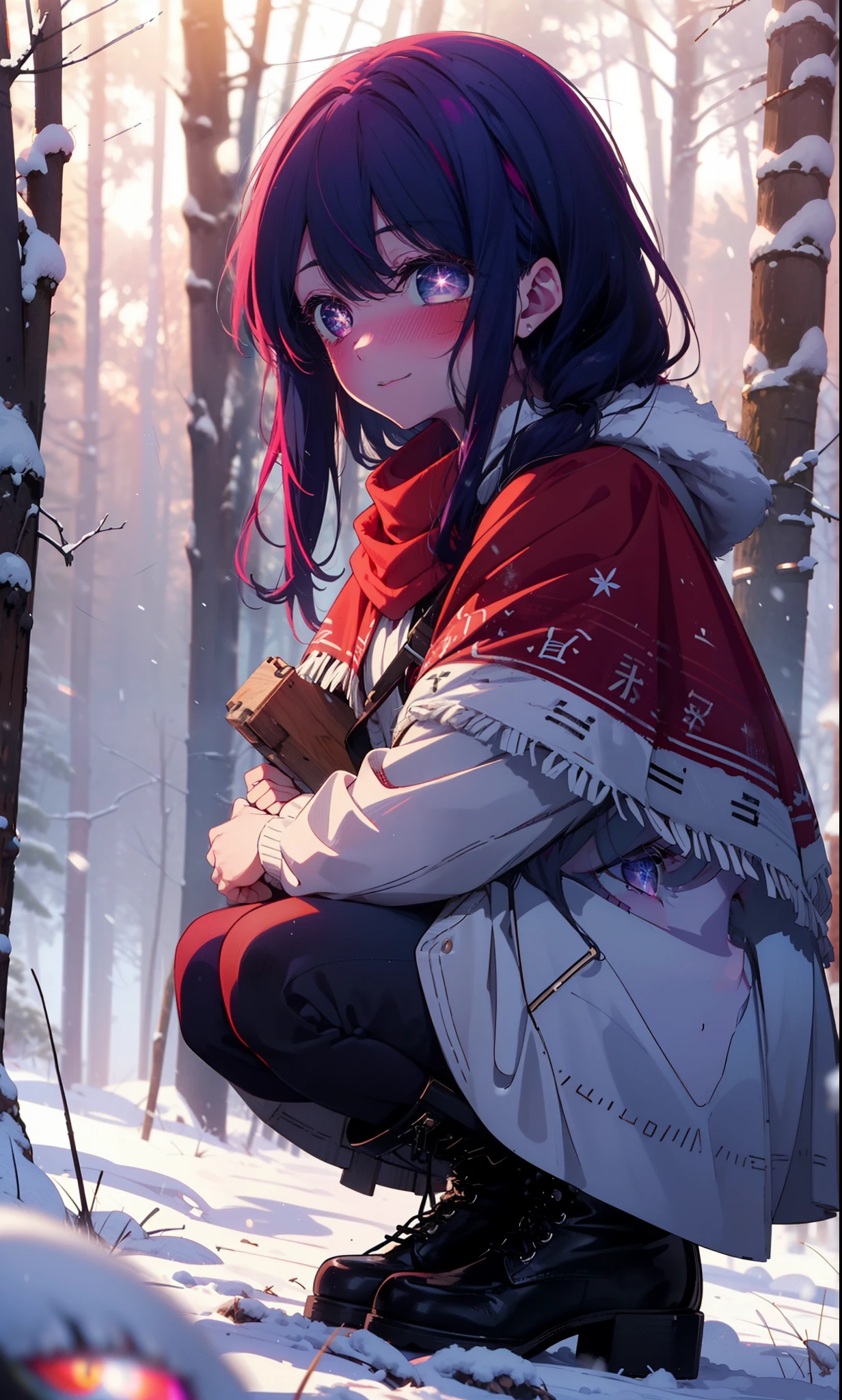 aihoshino, Ai Hoshino, Long Hair, bangs, (Purple eyes:1.1), Purple Hair, (Symbol-shaped pupil:1.5), smile,,smile,blush,White Breath,
Open your mouth,snow,Ground bonfire, Outdoor, boots, snowing, From the side, wood, suitcase, Cape, Blurred, , forest, White handbag, nature, Squat, Mouth closed, Cape, winter, Written boundary depth, Black shoes, red Cape break looking at viewer, Upper Body, whole body, break Outdoor, forest, nature, break (masterpiece:1.2), Highest quality, High resolution, unity 8k wallpaper, (shape:0.8), (Beautiful and beautiful eyes:1.6), Highly detailed face, Perfect lighting, Extremely detailed CG, (Perfect hands, Perfect Anatomy),