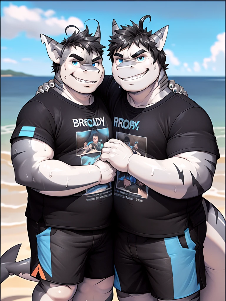 (New Jersey 5 anthro,Shark ,Chubby,Fat,Thick arms,Rugged muscles,(((White skin))),Solitary,Chubby Face,((Black eyebrows)),Sky blue eyes,((ahoge)),(sweat),(smirk:1.2),
BREAK
(another anthro Shark, Black, smirk),(t-shirt says daddy brother),(shorts),(Wrapped around arms posing for a photo),(beach),(panorama:1.2),