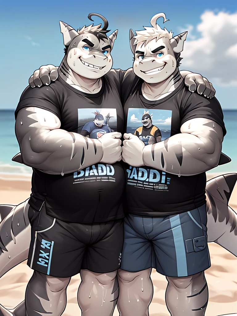 (New Jersey 5 anthro,Shark ,Chubby,Fat,Thick arms,Rugged muscles,(((White skin))),Solitary,Chubby Face,((Black eyebrows)),Sky blue eyes,((ahoge)),(sweat),(smirk:1.2),
BREAK
(another anthro Shark, Black, smirk),(t-shirt says daddy brother),(shorts),(Wrapped around arms posing for a photo),(beach),(panorama:1.2),