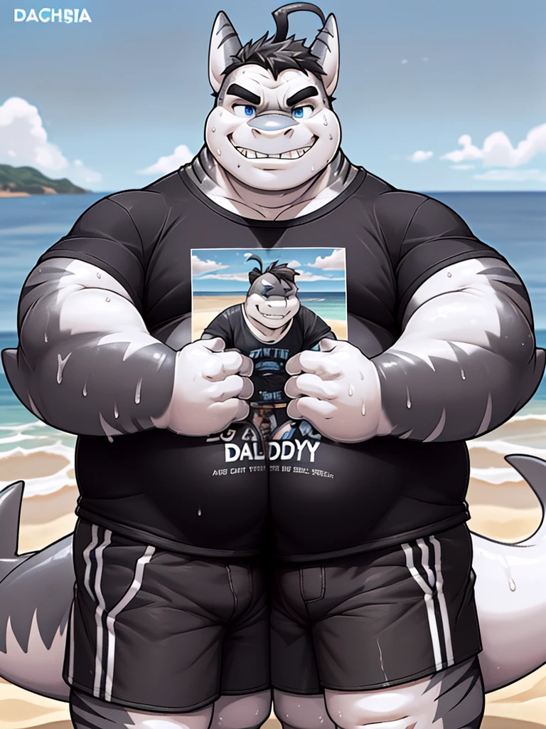 (New Jersey 5 anthro,Shark ,Chubby,Fat,Thick arms,Rugged muscles,(((White skin))),Solitary,Chubby Face,((Black eyebrows)),Sky blue eyes,((ahoge)),(sweat),(smirk:1.2),
BREAK
(another anthro Shark, Black, smirk),(t-shirt says daddy brother),(shorts),(Wrapped around arms posing for a photo),(beach),(panorama:1.2),