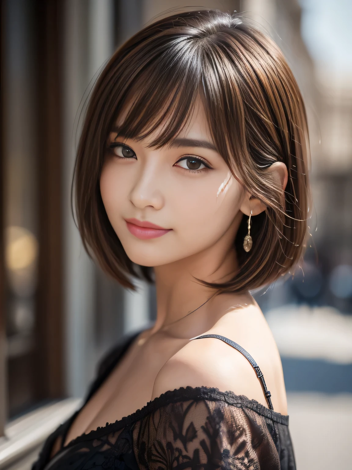 masterpiece, best quality, ultra-detailed, intricately detailed hyperdetailed, realistic, sharp features, highly detailed, sharp focus, , perfect face, perfect face, perfect symmetrically perfect eyes, perfect full lips, flexible female form, film light, hyper detailed, hyper realistic, high resolution, vibrant, dynamic studio lighting, short hair, Brown Hair, Shoulder Length Layered, asymmetrical bangs, brown Eyes, (Impish Smile:1.2), cowboy shot,