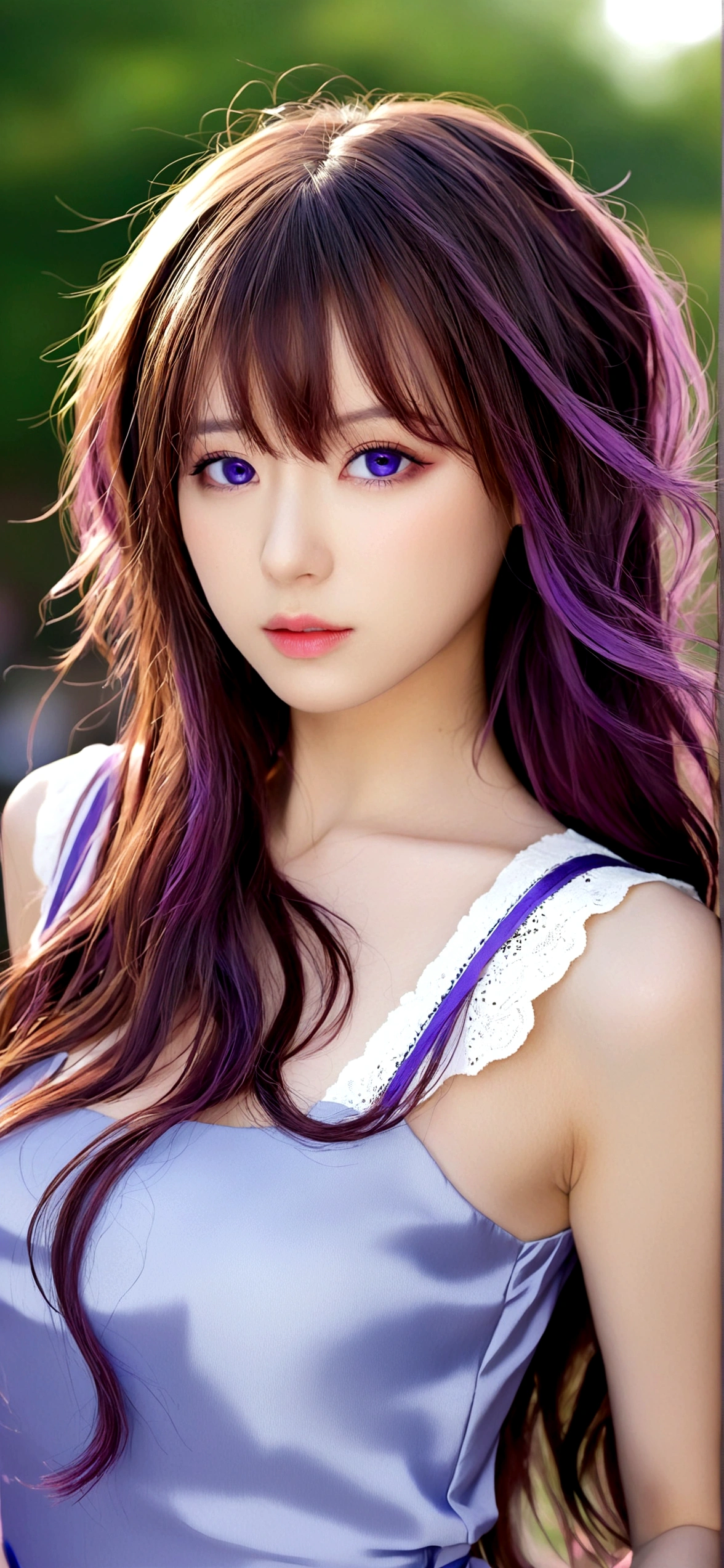 1girl, solo, long hair, breasts, looking at viewer, bangs, blue eyes, brown hair, dress, hair between eyes, closed mouth, upper body, purple hair, sleeveless, white dress, lips, sleeveless dress, wavy hair, ichinose shiki
