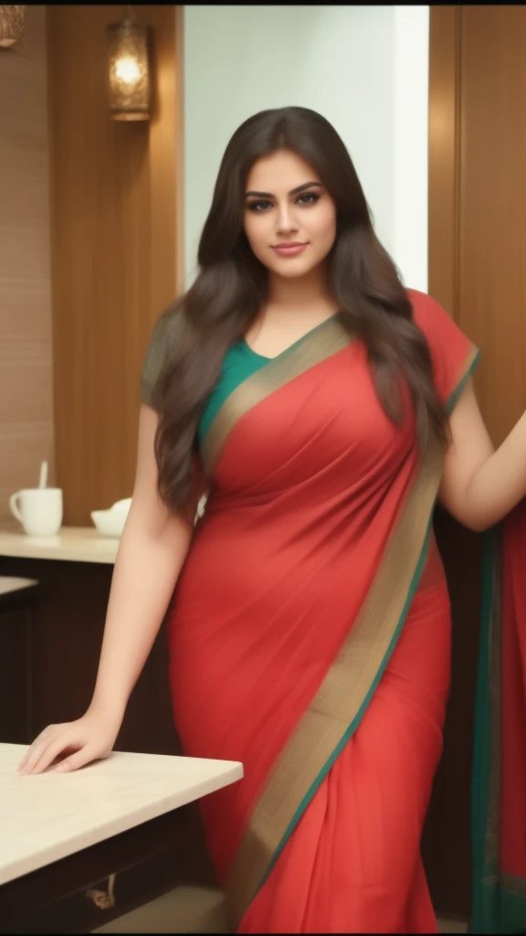 Indian cute girl 30 years old marriage life like, high - resolution women with a perfect figure Super fine face and eyes, slong hair, small Tank top Colour Wearing a traditional saree, bulky figure, huge big extra large and full chubby body, looking front, fair complexion, pond backgrounds. Hung breast, Plus size model, 4k, 8k,