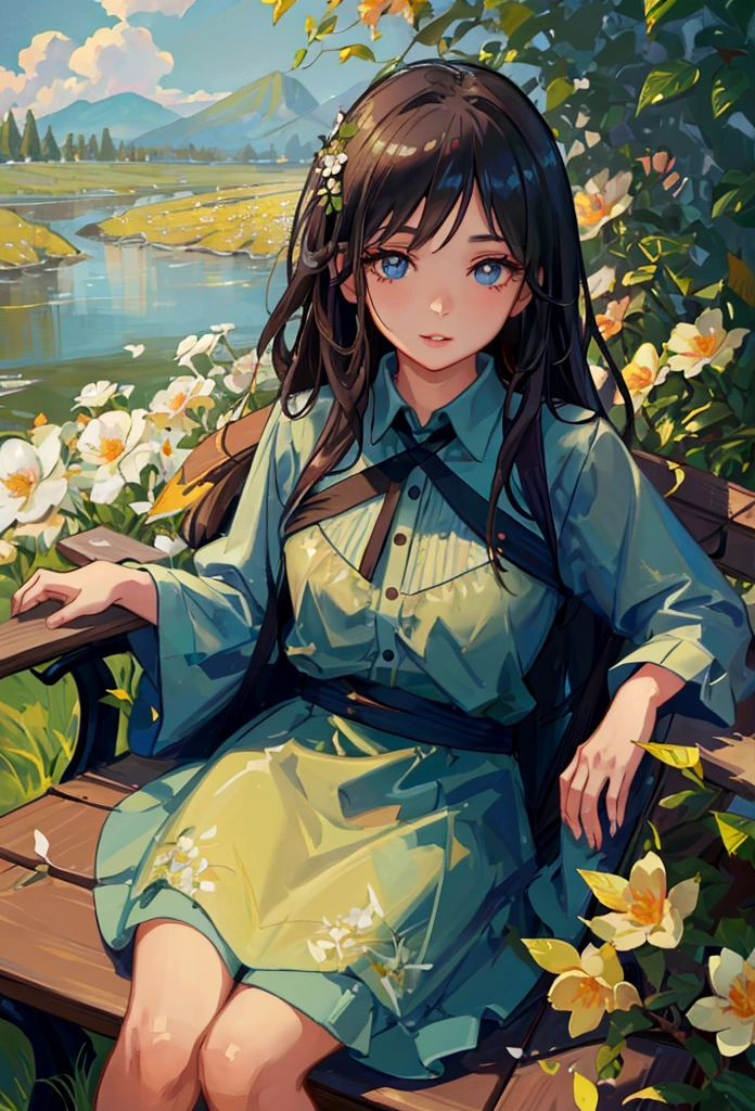 detailed portrait of a girl sitting on a bench in a flower field, beautiful detailed eyes, beautiful detailed lips, extremely detailed face, long eyelashes, serene expression, photorealistic, 8k, ultra-detailed, realistic, masterpiece, dramatic lighting, vibrant colors, warm light, natural setting, lush greenery, blooming flowers, scenic landscape, atmospheric, oil painting style