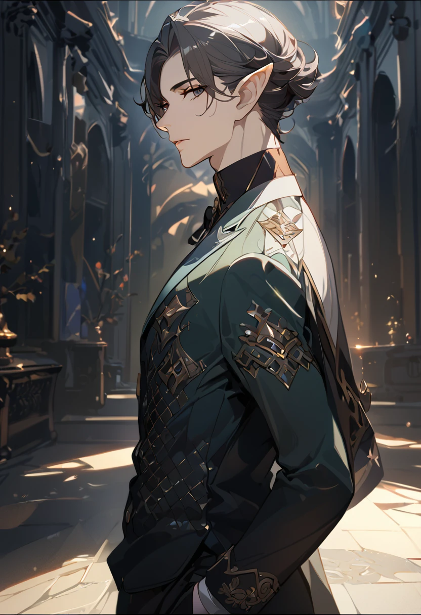 masterpiece, best quality, 8k ,4k , 1 male, elf, long ears elf, dark grayish hair, dark greenish eyes, hair ornament, finely detailed eyes and detailed face, looking at viewer, from side, meticulous clothes, formal clothes, combination of white and black coat, half cape by the shoulders, patterned clothes, majestic looks, sharp looks, shadows, inspired by Asukaziye artist : ask, art style : ask