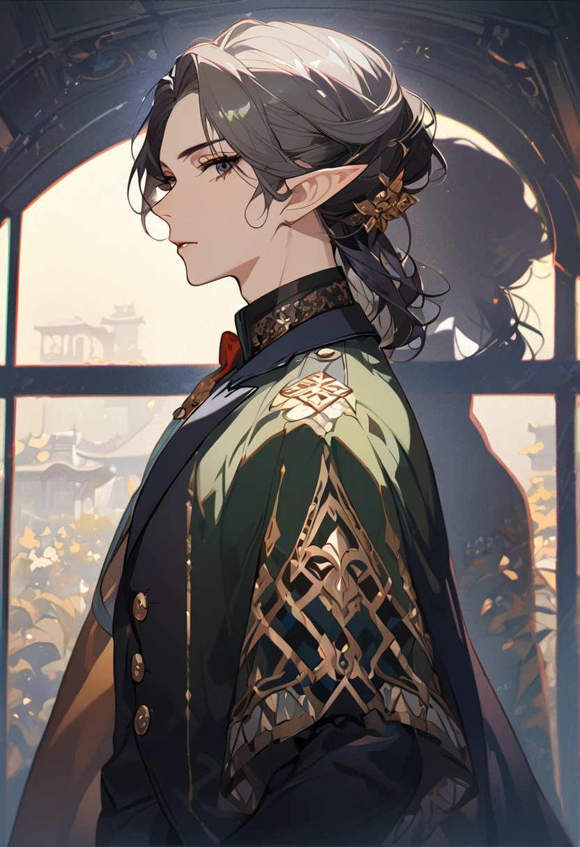 masterpiece, best quality, 8k ,4k , 1 male, elf, long ears elf, dark grayish hair, dark greenish eyes, hair ornament, finely detailed eyes and detailed face, looking at viewer, from side, meticulous clothes, formal clothes, combination of white and black coat, half cape by the shoulders, patterned clothes, majestic looks, sharp looks, shadows, inspired by Asukaziye artist : ask, art style : ask