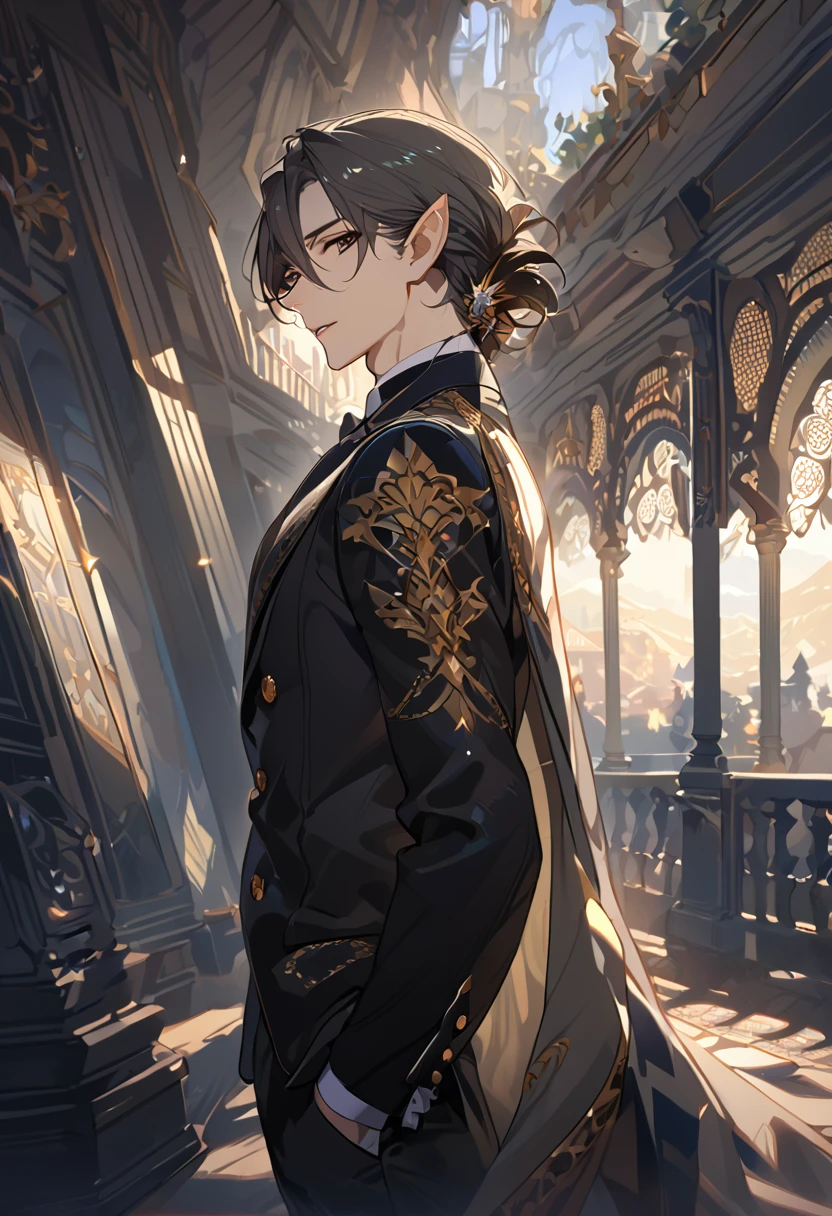 masterpiece, best quality, 8k ,4k , 1 male, elf, long ears elf, dark grayish hair, dark greenish eyes, hair ornament, finely detailed eyes and detailed face, looking at viewer, from side, meticulous clothes, formal clothes, combination of white and black coat, half cape by the shoulders, patterned clothes, majestic looks, sharp looks, shadows, inspired by Asukaziye artist : ask, art style : ask