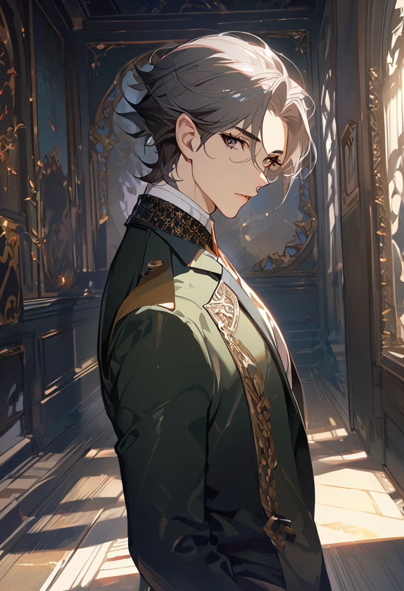 masterpiece, best quality, 8k ,4k , 1 male, elf, long ears elf, dark grayish hair, dark greenish eyes, hair ornament, finely detailed eyes and detailed face, looking at viewer, from side, meticulous clothes, formal clothes, combination of white and black coat, half cape by the shoulders, patterned clothes, majestic looks, sharp looks, shadows, inspired by Asukaziye artist : ask, art style : ask