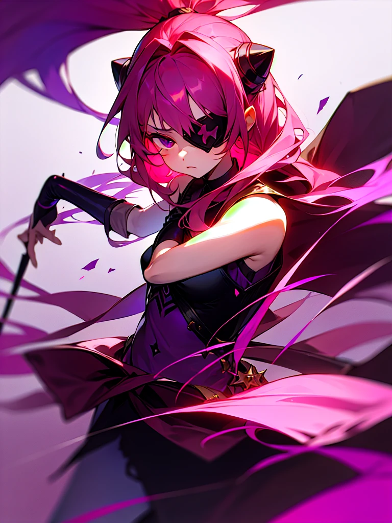 Young girl, long dark pink hair, dark hair, sharp eyes, purple eyes, sleeveless combat dress, bow, serious look, masterpiece, high quality, fantasy eyepatch, unique eyepatch 