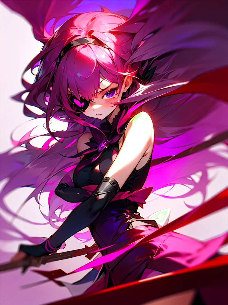 Young girl, long dark pink hair, dark hair, sharp eyes, purple eyes, sleeveless combat dress, bow, serious look, masterpiece, high quality, fantasy eyepatch, unique eyepatch 