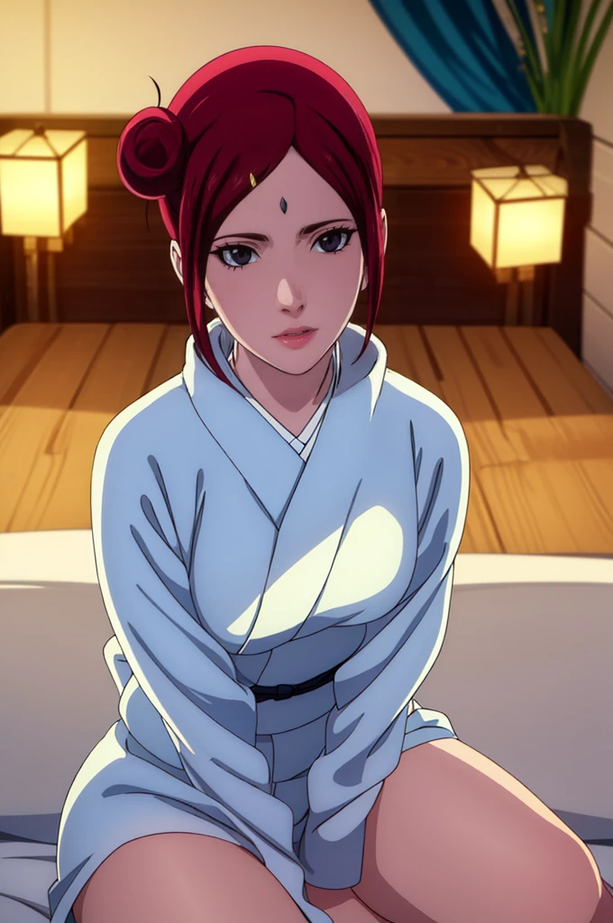 Mito Uzumaki,  ((sitting on the bed)), Red hair, Black eyes, white kimono, (Bare thighs), sexy face with full makeup, Red lipstick,  make up, , (Masterpiece, Best quality:1.4), bokeh effect, volumetric lighting, A high resolution, extremely detailed illustration in 8k resolution, Realistic, cowboy shot, medium shot,
