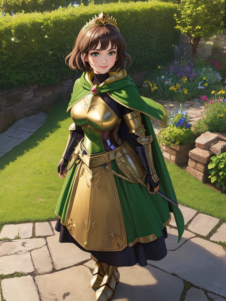 masterpiece, best quality:1.2), 1girl, smile, looking at viewer, green eyes, short brown hair, princess, armor, , pauldrons, armored dress, green cloak cape, wearing puffy blue ballgown skirt, golden tiara with green gem, armored boots, fingerless gloves, standing in medieval garden