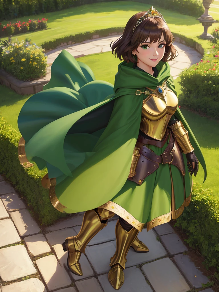 masterpiece, best quality:1.2), 1girl, smile, looking at viewer, green eyes, short brown hair, princess, armor, , pauldrons, armored dress, green cloak cape, wearing puffy blue ballgown skirt, golden tiara with green gem, armored boots, fingerless gloves, standing in medieval garden