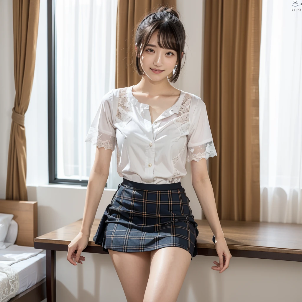 (Woman in skirt in maid clothes:1.4))、((is standing:1.2))、cute smile face:1.1、((top-quality,8K、​masterpiece:1.3))、Crisp focus:1.2、Oiled shiny skin、Professional Writing、(((Spread your legs apart)))、(((Close up of white panties)))、((Leg up:1.1))、((From below:1.4))