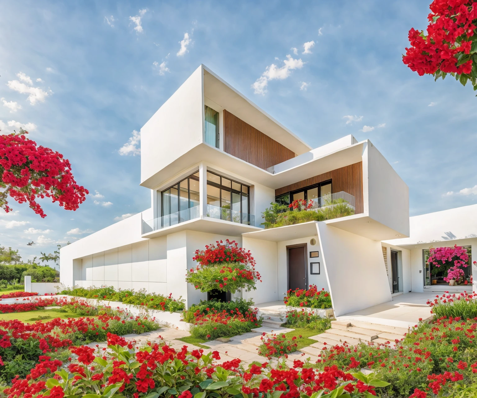 KTHOUSE PLATFORM, Many beautiful red flowers along the road, Romantic, 1 neoclassical style house, Townhouse built with white walls, Beautiful light, beautiful day, Many red bougainvillea flowers along the road: 1.3, beautiful feeling of age Child: 1.2, noon sun, very beautiful shadow,