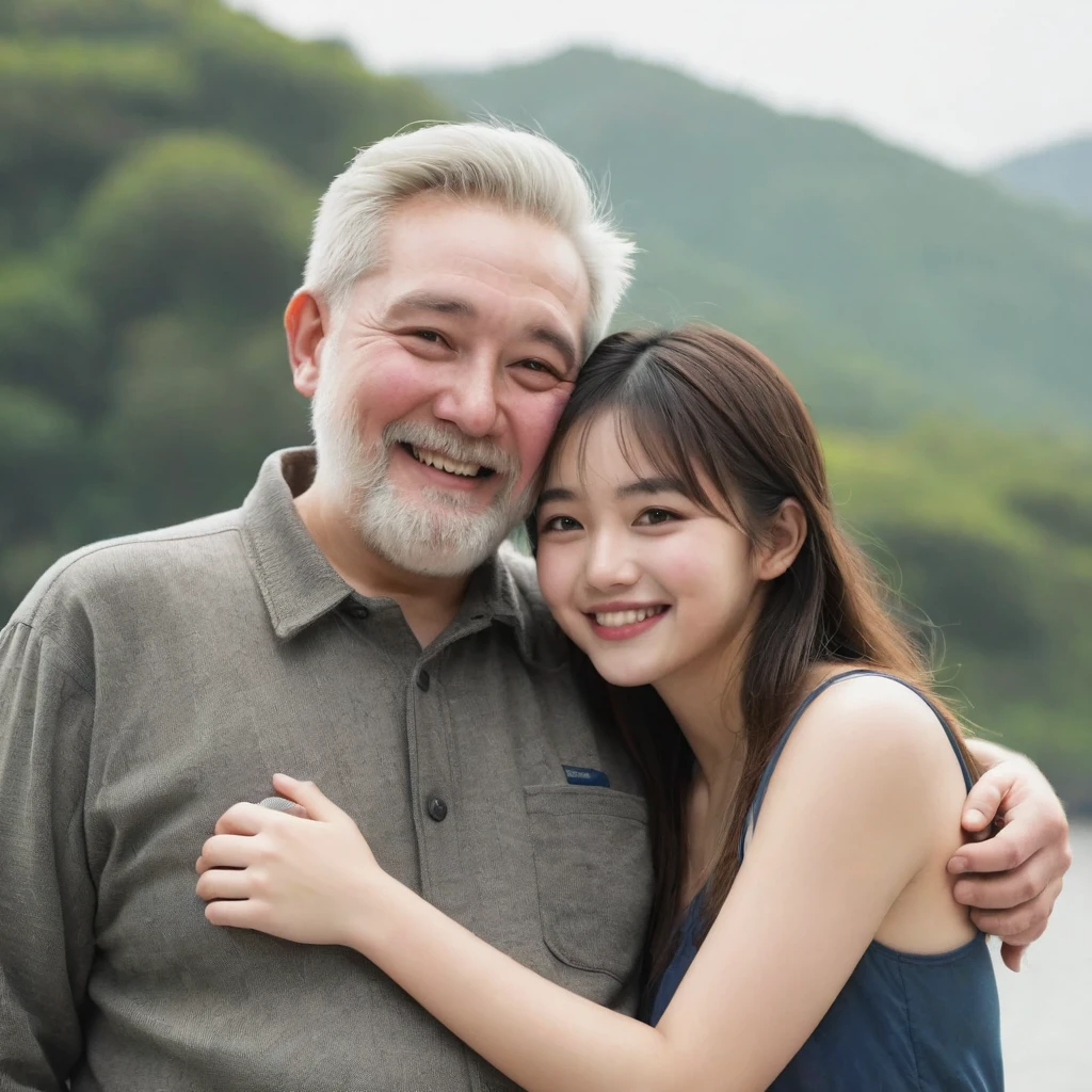 Couple、Embrace each other、Fat Uncle、Bearded old man、Sexy 20 year old blonde beauty、smile、