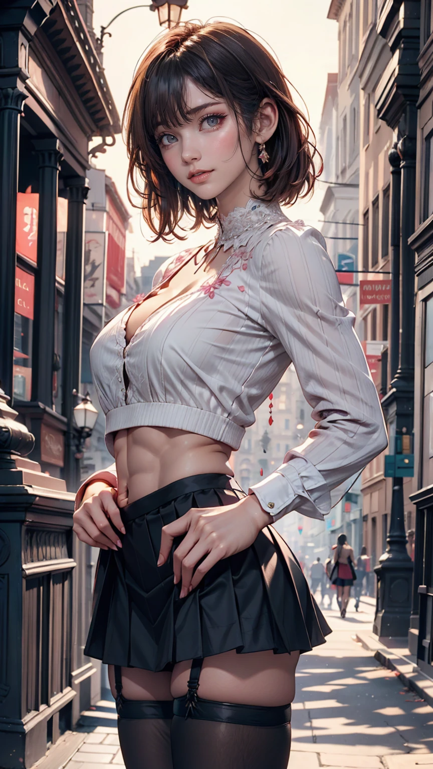 24-year-old female、The beauty of slim abs: 1.3、Sexy proportions、Sexy、Pixie Cut、Pink inner color、High neck blouse with lace embellishment((Sheer))、Low-rise mini pleated skirt、Stiletto heels、Black Stockings、Arc de Triomphe background、Cowboy Shot、Place hands on hips、Stand with your feet shoulder-width apart