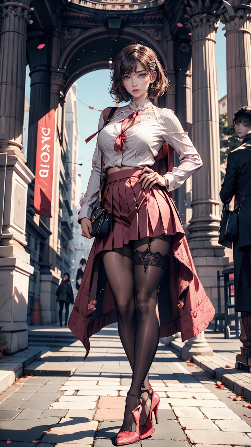 24-year-old female、The beauty of slim abs: 1.3、Sexy proportions、Sexy、Pixie Cut、Pink inner color、High neck blouse with lace embellishment((Sheer))、Low-rise mini pleated skirt、Stiletto heels、Black Stockings、Arc de Triomphe background、Cowboy Shot、Place hands on hips、Stand with your feet shoulder-width apart