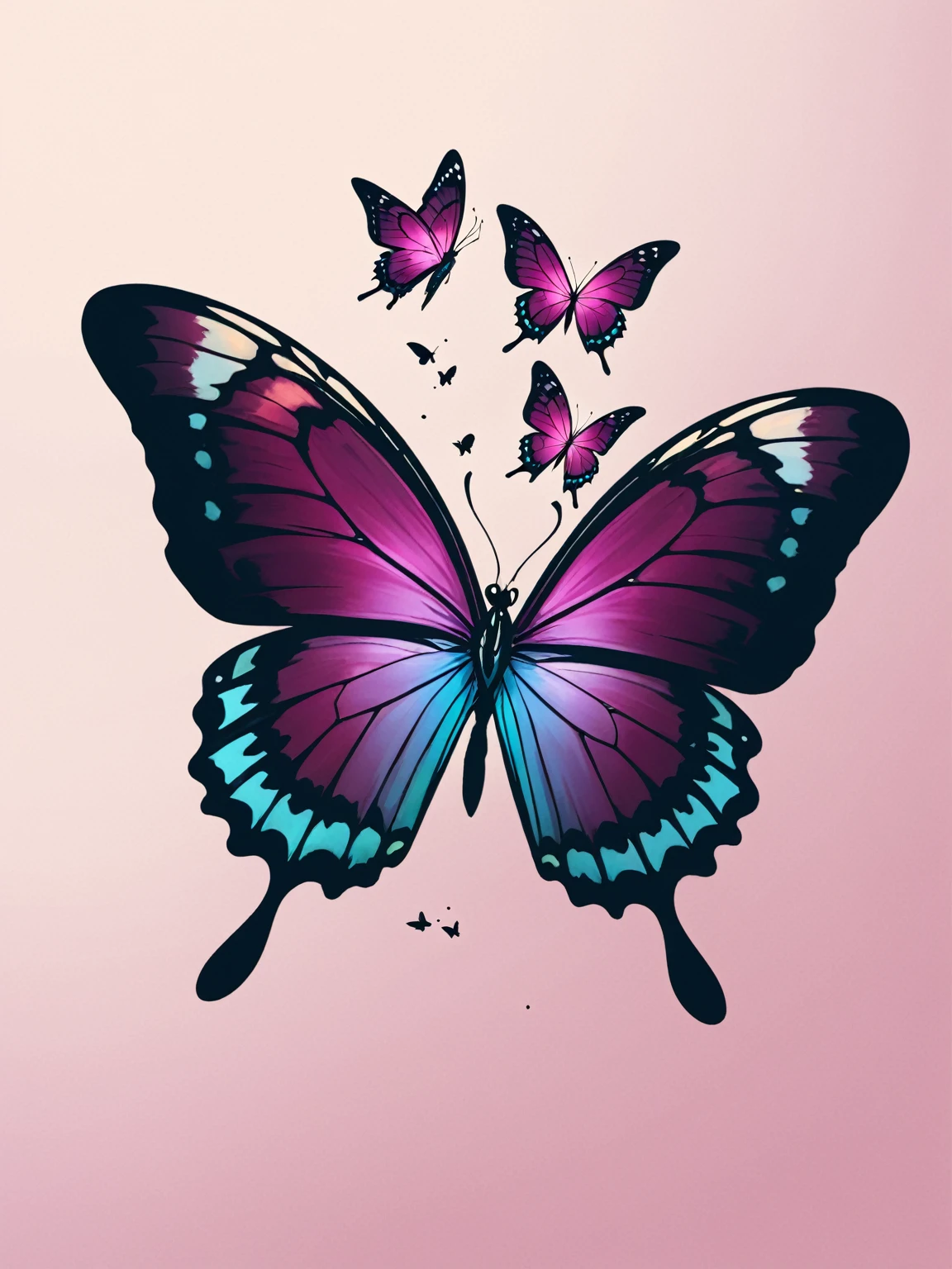 3 butterflies, maximum quality, sticker, flying, wine color background
