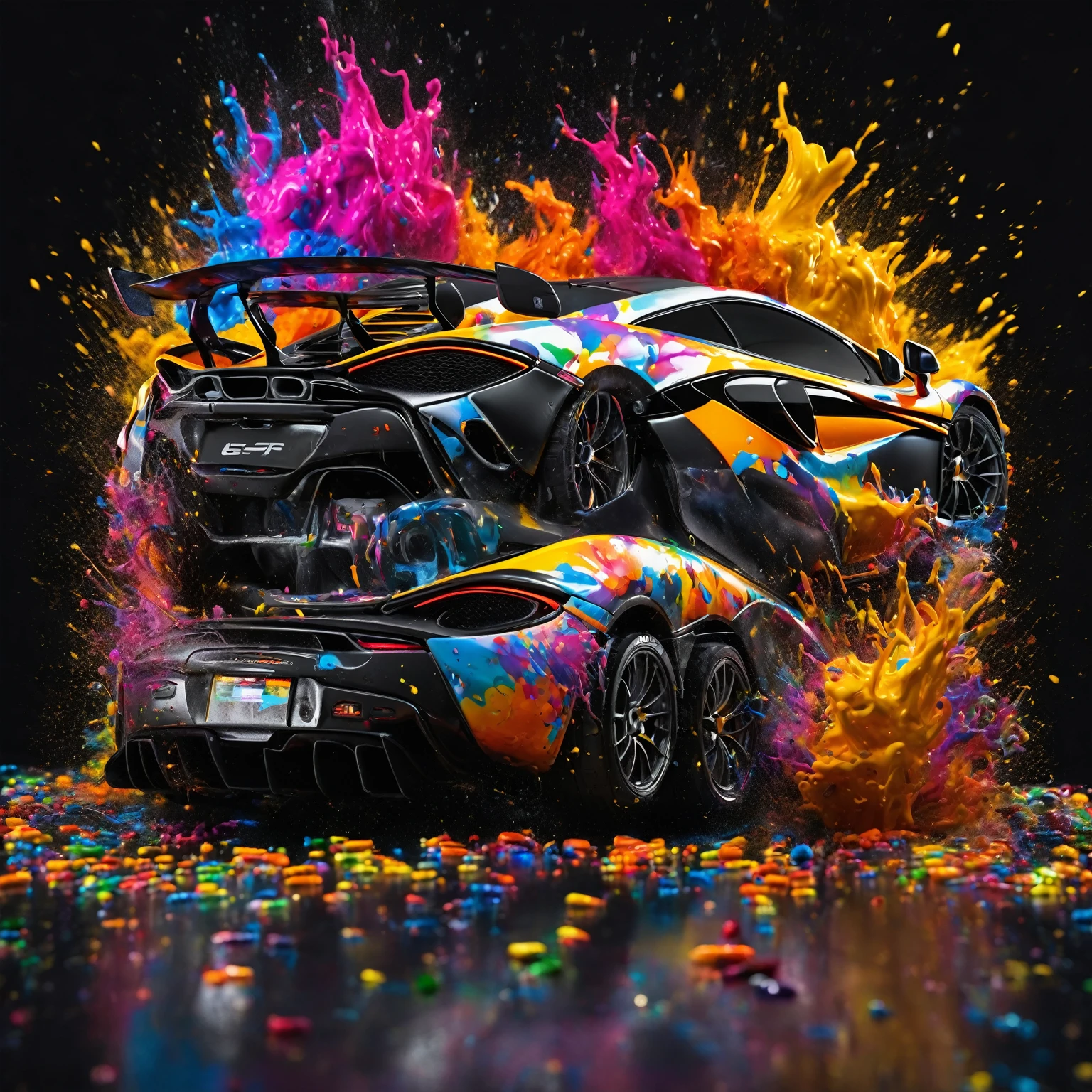 McLAREN 570S GT4, black backdrop, exploding paint, best qualityer, ultra detali, realisitic, portraits, swirly vibrant colors, studio lighting, sharp focus, physically based rendering, proffesional, bokeh