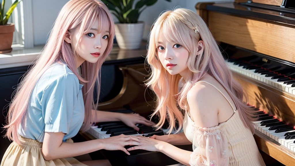 playing piano.Ai Hoshino, beige pink hair, Blue Hair,Long Hair, favorite , Beautiful, shining eyes, Stars in my eyes, Idol,Long pink hair