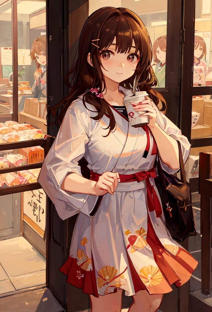 there is a young woman holding a cup of coffee in her hand, cute face girl, cute natural anime face, with a cute face - beautiful, Sakimi-chan, Chiho, Yoshitomo Nara, young beautiful face, beautiful face of japanese girls, brown hair and large eyes, cute kawaii girl, beautiful big and clear eyes