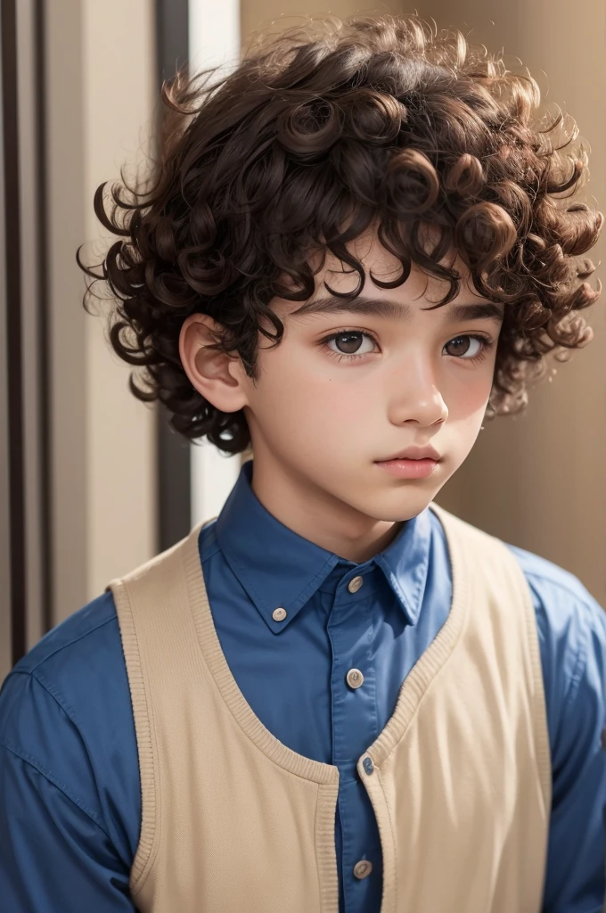 A boy with curly hair, brown eyes and a blue shirt with 1,14 tall