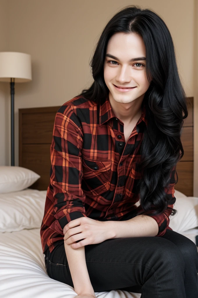 feminine looking man, long black hair, Brown eyes, pale skin, dressed only in a red plaid shirt, sitting on a bed, smiling, cheered up