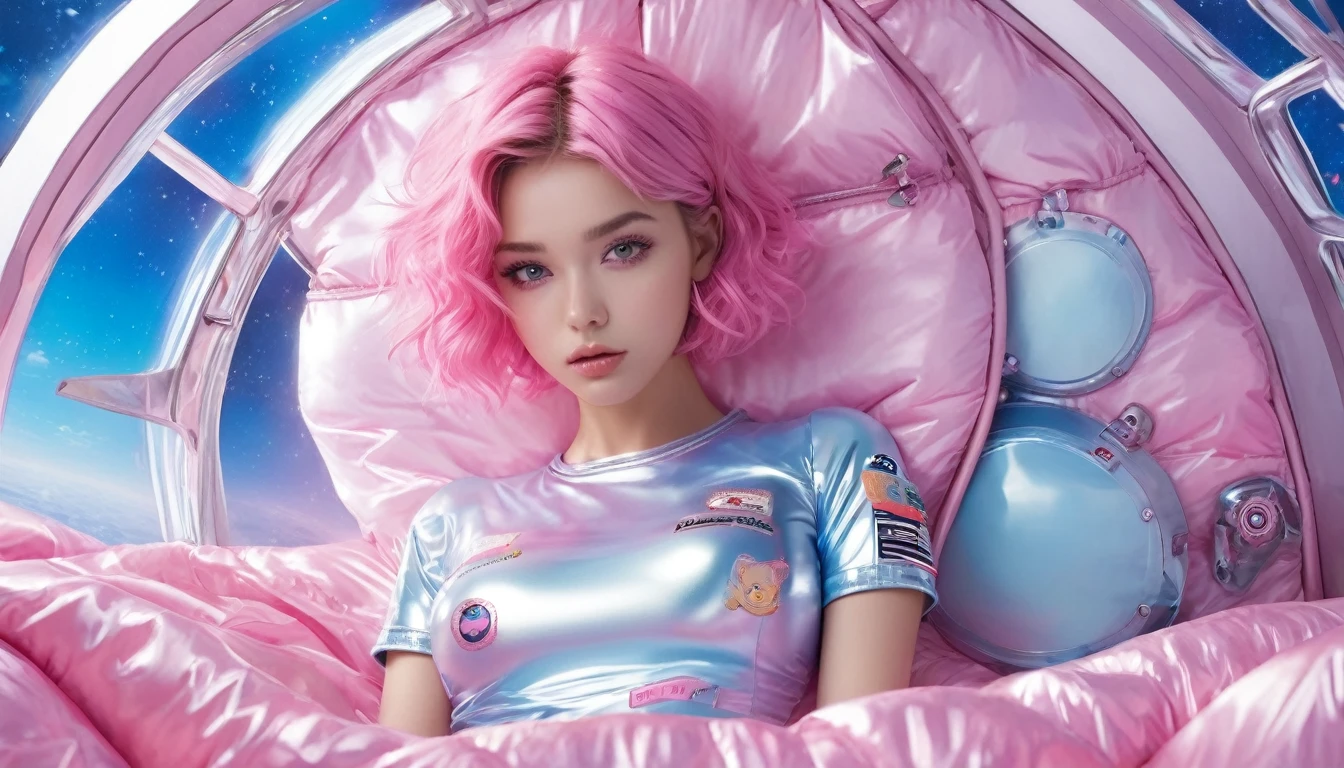 Masterpiece, Best Quality, ((cute girl in a shiny puffer,  light blue, pink, short sleeves, small perky breasts, extremely detailed face, detailed eyes, detailed lips, random short hairstyle, small hips, in a spaceship, on a bed, full body view))