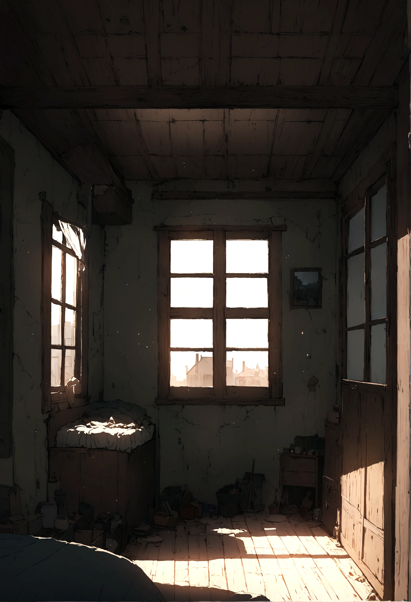 A bedroom in a rental house,The windows are broken,Simple room,Simple furnishings,