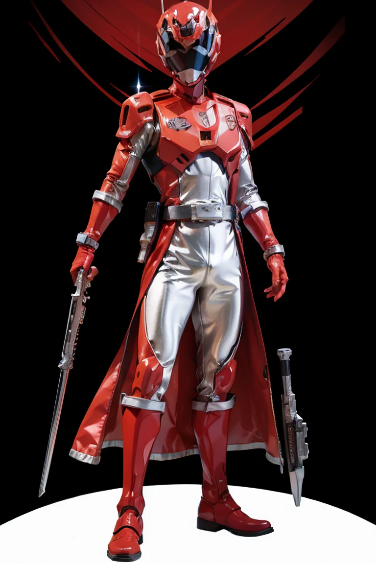 1boy, white, full body, Illustration, cinematic light, high resolution, best quality, ultra detailed, masterpiece, power suit, powerranger, suit, spd, (silver royal guard ranger suit), gold detail, holding white pistol,