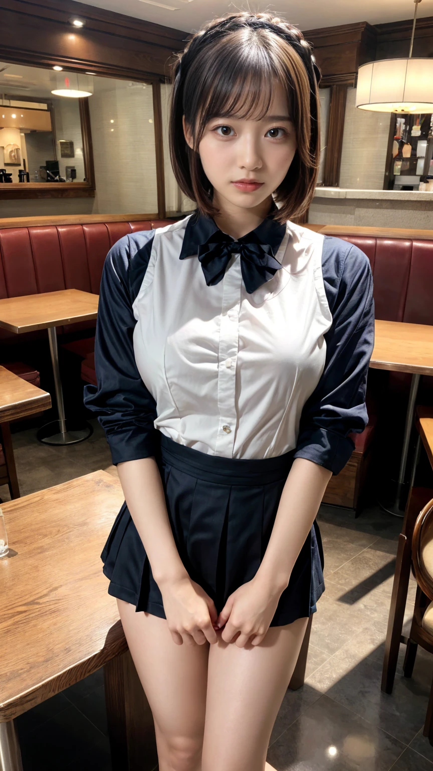 masterpiece, best quality, illustration, Super detailed, fine details, High resolution, 8K,wall paper, perfect dynamic composition,(Details High quality, realistic depiction of eyes:1.3), waitress uniform, restaurant, huge breasts, short bob hair、black hair color, Big Natural Color Lip, (perfect body shape), crying a little、cold gaze, Harajuku style、20 year old girl、cute type、ta、beautiful legs, focus on crotch, full body photo, gravure idol