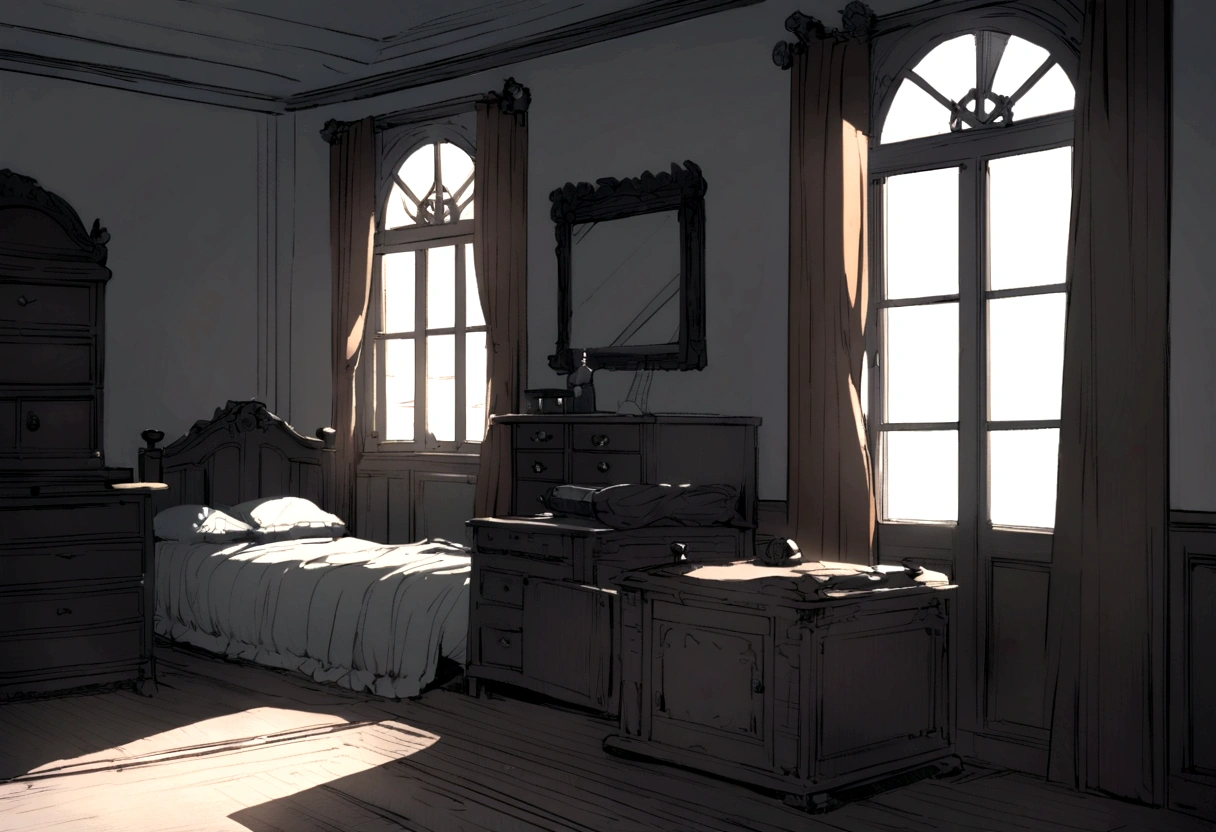 A bedroom in a rental house,The windows are broken,Simple room,Simple furnishings,
