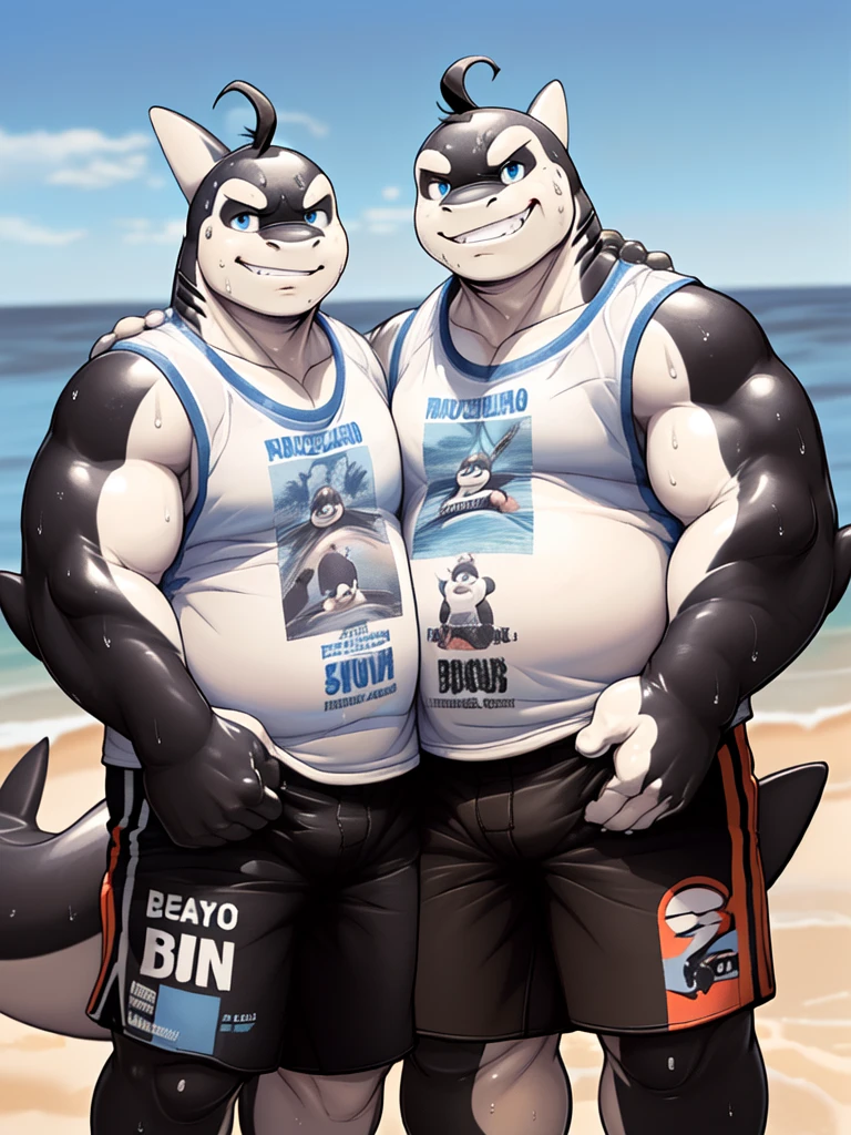 (New Jersey 5 anthro,Shark ,Chubby,Fat,Thick arms,Rugged muscles,(((White skin))),Solitary,Chubby Face,Sky blue eyes,((ahoge)),(sweat),(smirk:1.2),
BREAK
(another anthro Orca, Black, smirk),(t-shirt says daddy brother),(shorts),(Wrapped around arms posing for a photo),(beach),(panorama:1.2),