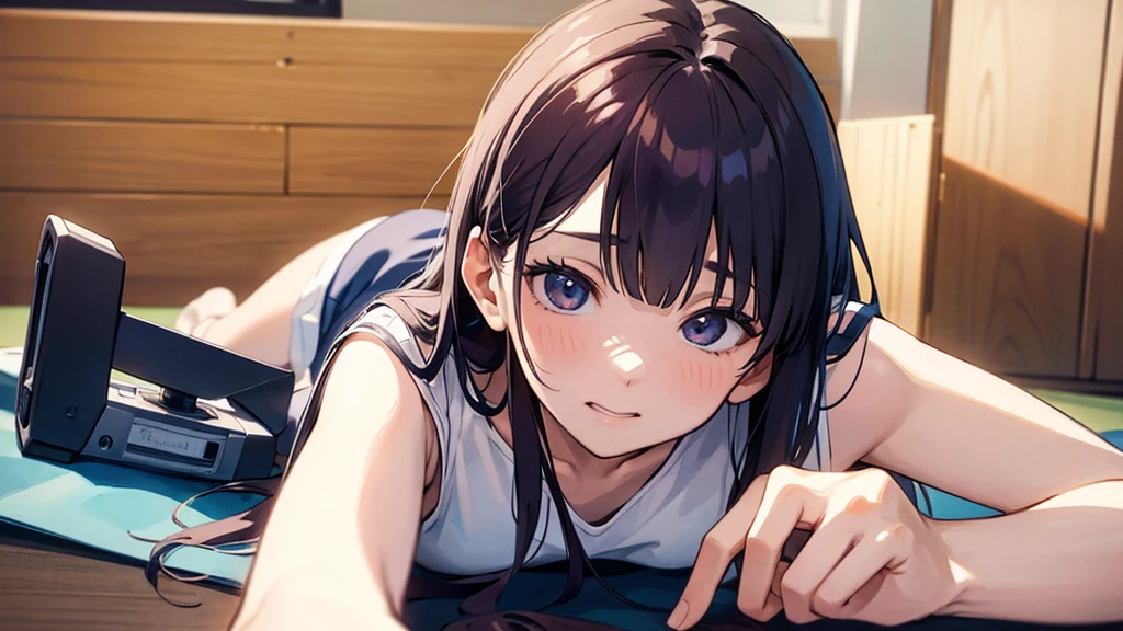 cassette tape、earphone、Lying on the floor in the room、Picture a person listening to music with their feet up on the bed。 detailedな顔、(masterpiece) (Highest quality) (detailed) (8K)、Background is blurred、Portrait Photography、