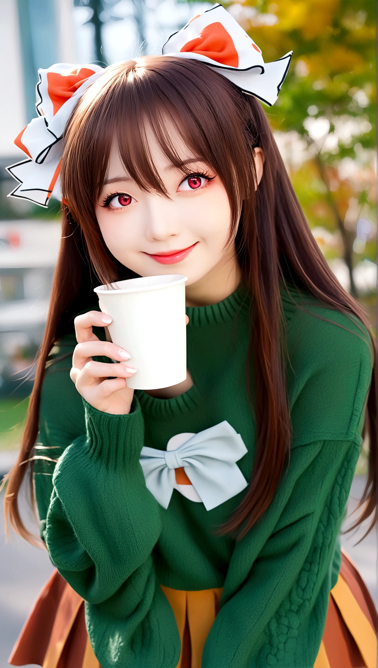 1girl, solo, long hair, looking at viewer, blush, smile, open mouth, bangs, skirt, brown hair, red eyes, long sleeves, bow, holding, hair between eyes, very long hair, one eye closed, virtual youtuber, sweater, cup, holding cup, disposable cup, orange skirt, green sweater, coffee cup