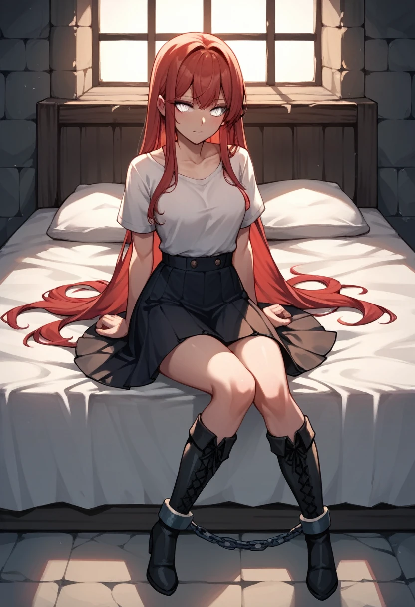 score_9, score_8_up, score_7_up, score_6_up, score_5_up, score_4_up, source_anime, 1girl,bed,sit, red hair, white eyes, w-w-chain, shackles,hands, long hair, shirt, skirt,black high boots, dungeon, best quality, best res, 4K UHD,