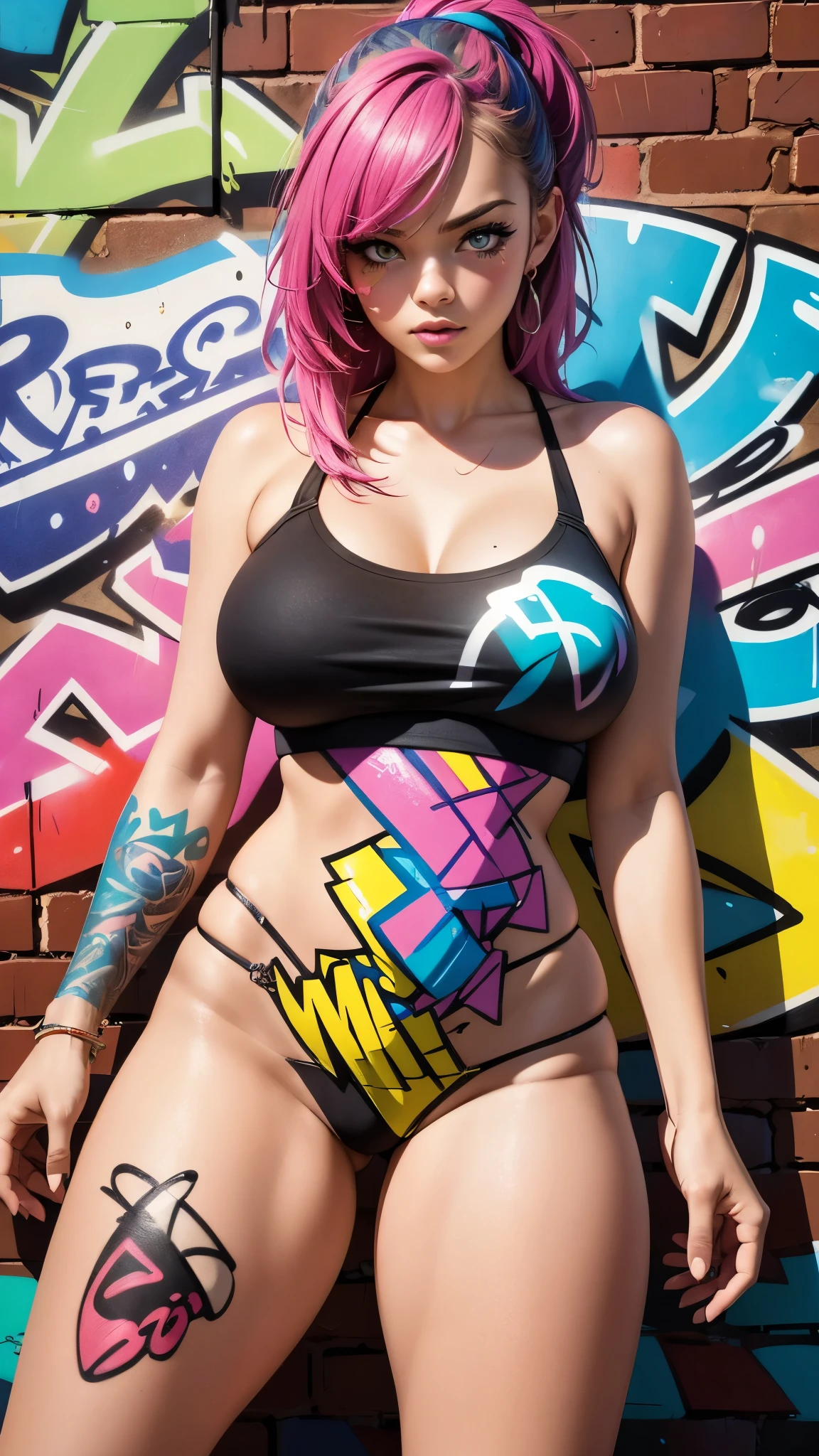 (best quality), (high detail), (vivid colors), (graffiti style), (freestyle), (Close up), (1girl), young sexy female girl, big tits, tight top, posing in front of a brick wall painted with street art, HDR, 8K, 3D, graffiti art style. Nsfw