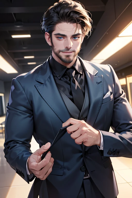 a handsome 35 year old man, 3 day beard, dark hair, sharp jawline, (mesmerizing blue eyes), perfectly styled hair, wearing cool anime outfitt, dynamic lighting, (CEO), (expression, smile in love), (best quality,4k,8k,highres,masterpiece:1.2),ultra-detailed,(realistic,photorealistic,photo-realistic:1.37)