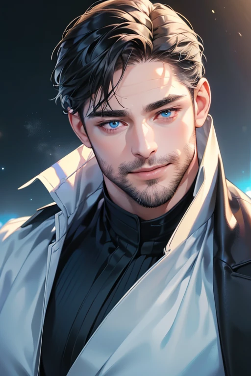 a handsome 35 year old man, 3 day beard, dark hair, sharp jawline, (mesmerizing blue eyes), perfectly styled hair, wearing cool anime outfitt, dynamic lighting, (CEO), (expression, smile in love), (best quality,4k,8k,highres,masterpiece:1.2),ultra-detailed,(realistic,photorealistic,photo-realistic:1.37)