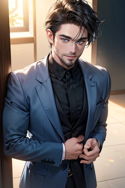 a handsome 35 year old man, 3 day beard, dark hair, sharp jawline, (mesmerizing blue eyes), perfectly styled hair, wearing cool anime outfitt, dynamic lighting, (CEO), (expression, smile in love), (best quality,4k,8k,highres,masterpiece:1.2),ultra-detailed,(realistic,photorealistic,photo-realistic:1.37)